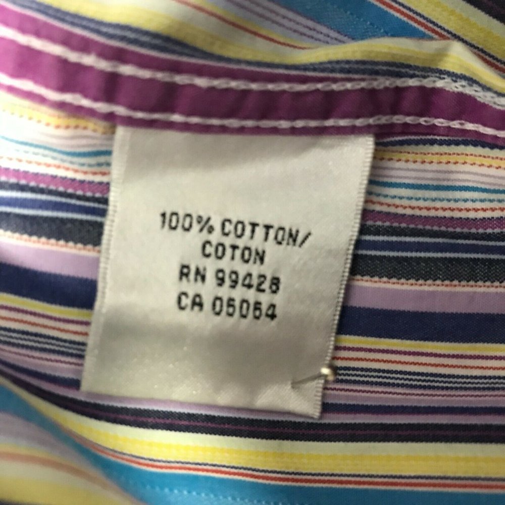 BUGATCHI Mens L Cotton Button Down Fitted Dress Shirt Flip Cuffs Purple Stripes - Picture 4 of 12